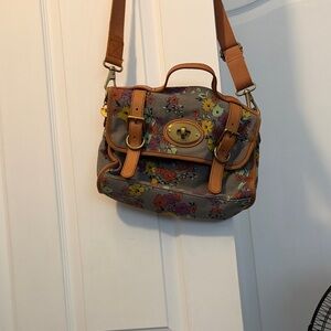 Fossil Floral Canvas Bag with Brown Leather Accents
